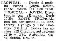 Breve anuncio de la Discoteca Tropical de Gav� Mar publicado en el diario LA VANGUARDIA (21 de Junio de 1968)